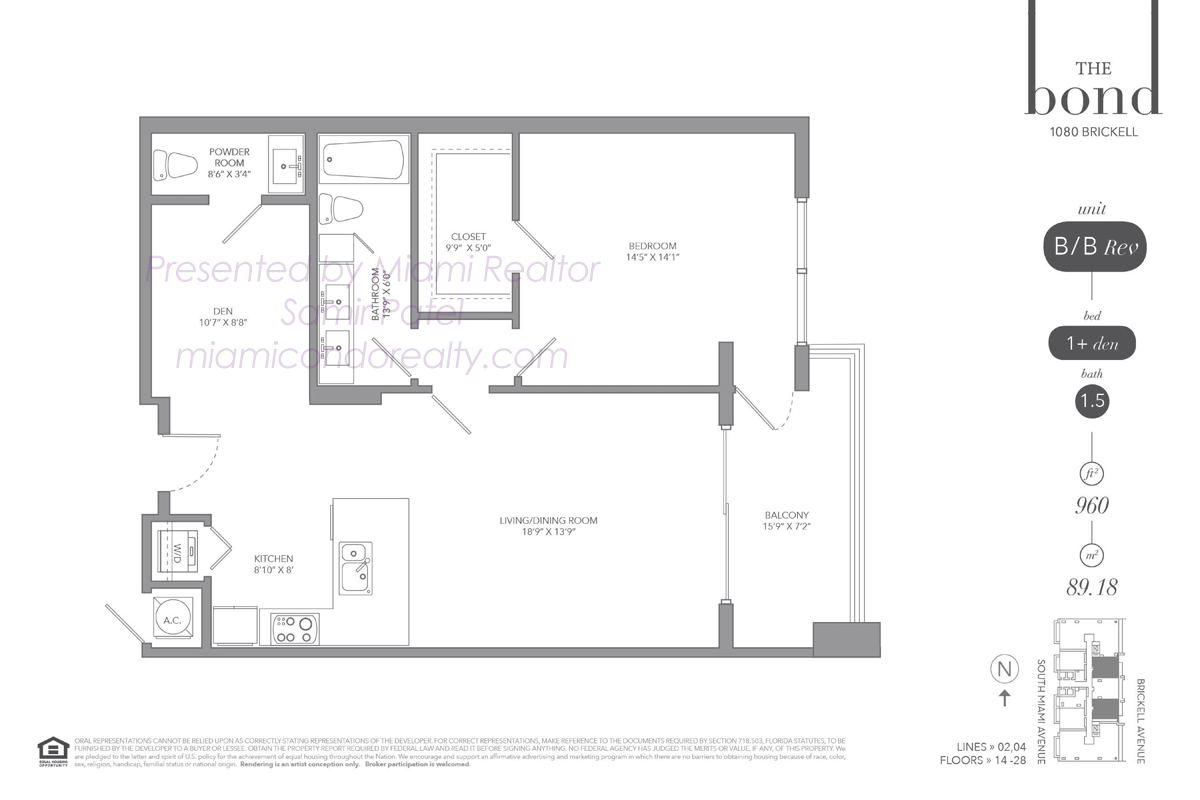 The Bond on Brickell Residence Model B and B Reverse Floorplan